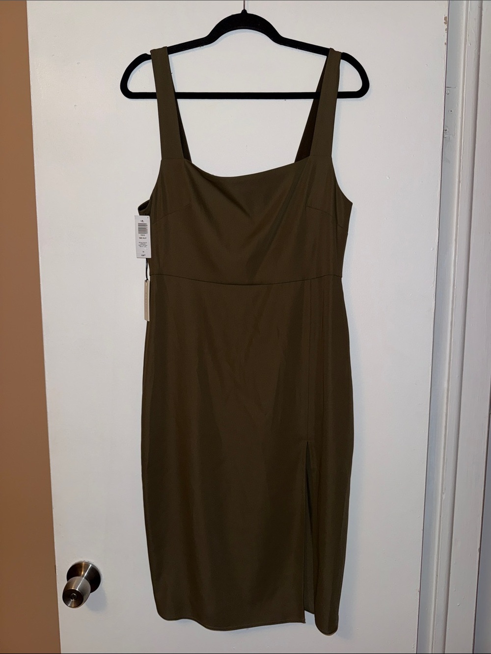 Babaton Square-Neck Olive Midi Dress with Side Slit